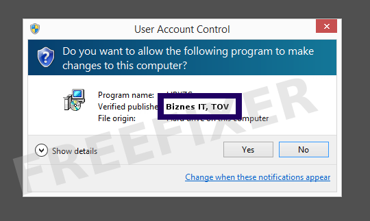 Screenshot where Biznes IT, TOV appears as the verified publisher in the UAC dialog